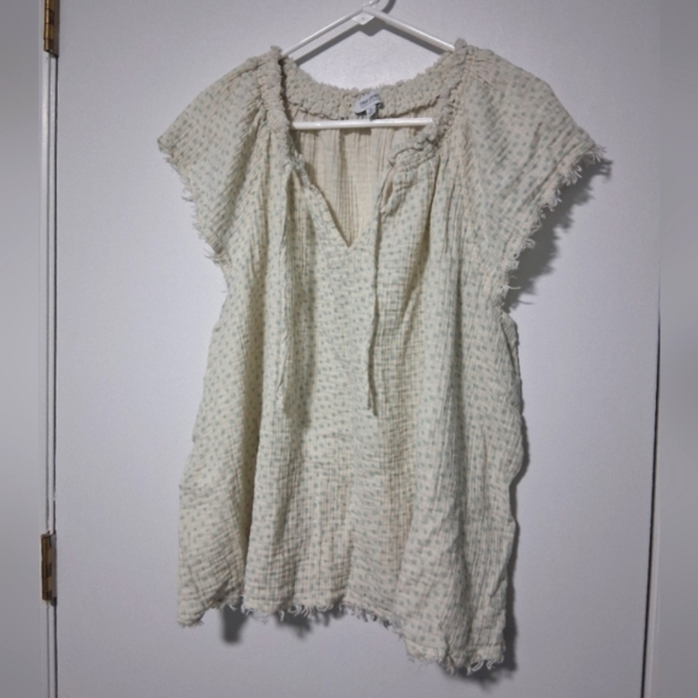 True Craft Womens Cream and Gray Blouse with Frayed Edges Size 3X